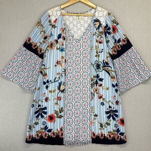 Anthropologie Fig & Flower Blue Boho Floral Womens Med Tunic Top Dress Crochet